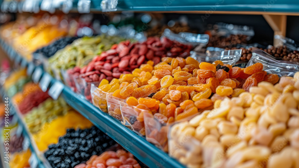 Colorful display of various dried fruits on a grocery store shelf Colorful display of various dried fruits on a grocery store shelf