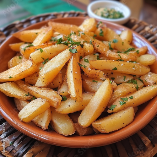 Close-Up of Delicious Crispy Roasted Potato Wedges on a Plate