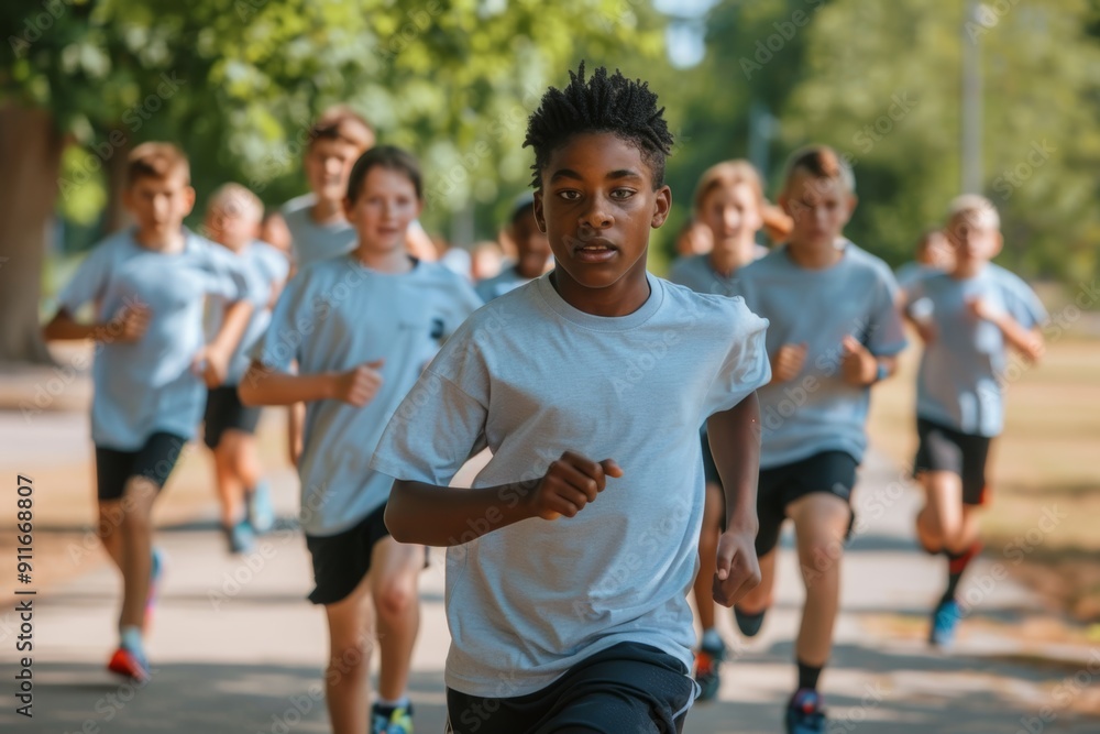 Youth Charity Run: Determined Classmates in Matching T-Shirts Participating in Group Race Youth Charity Run: Determined Classmates in Matching T-Shirts Participating in Group Race