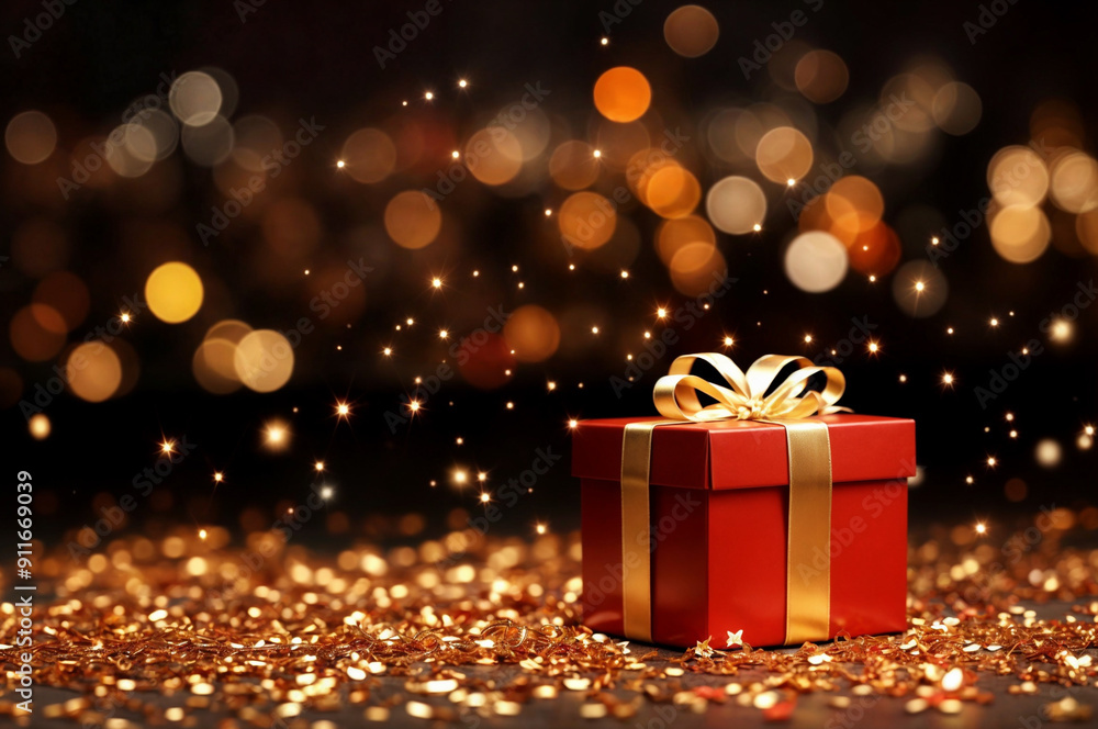 Red gift box with gold ribbon and bow against background of bokeh lights. Red gift box with gold ribbon and bow against background of bokeh lights.