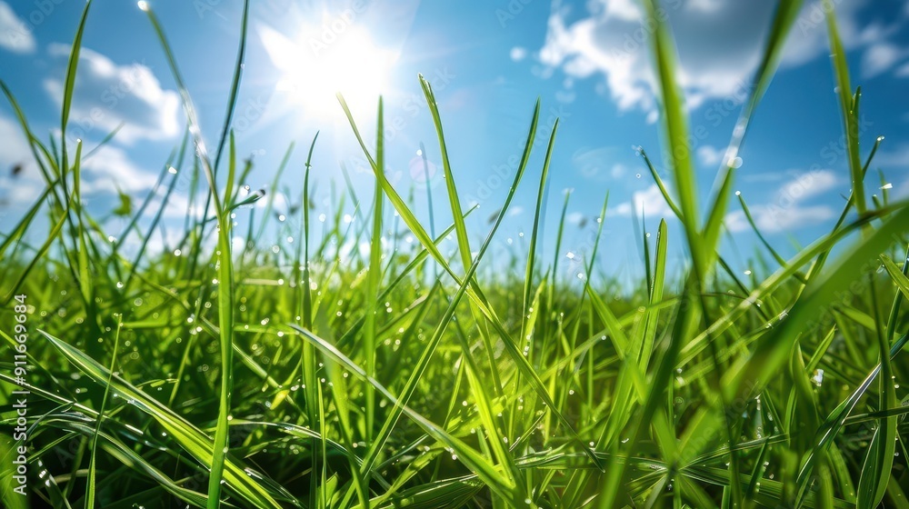 Obraz premium idyllic spring meadow with lush green grass and sunny blue sky nature background symbolizing renewal and vitality
