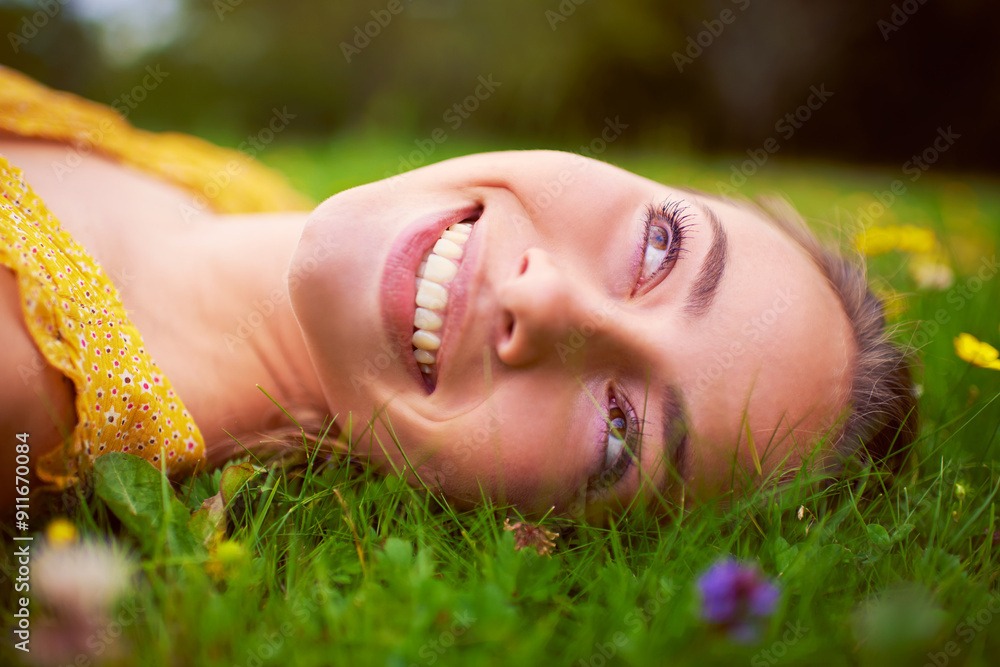 Woman, thinking and relax on grass in outdoor, travel and countryside nature for peace to ponder. Female person, rest and field or meadow for reflection, garden and flowers in park on holiday trip Woman, thinking and relax on grass in outdoor, travel and countryside nature for peace to ponder. Female person, rest and field or meadow for reflection, garden and flowers in park on holiday trip
