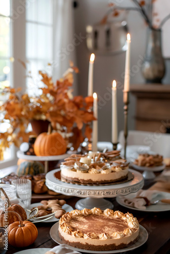 A Thanksgiving dessert table featuring a pumpkin cheesecake with a gingerbread crust, surrounded by other seasonal treats, candles, and autumnal decorations.