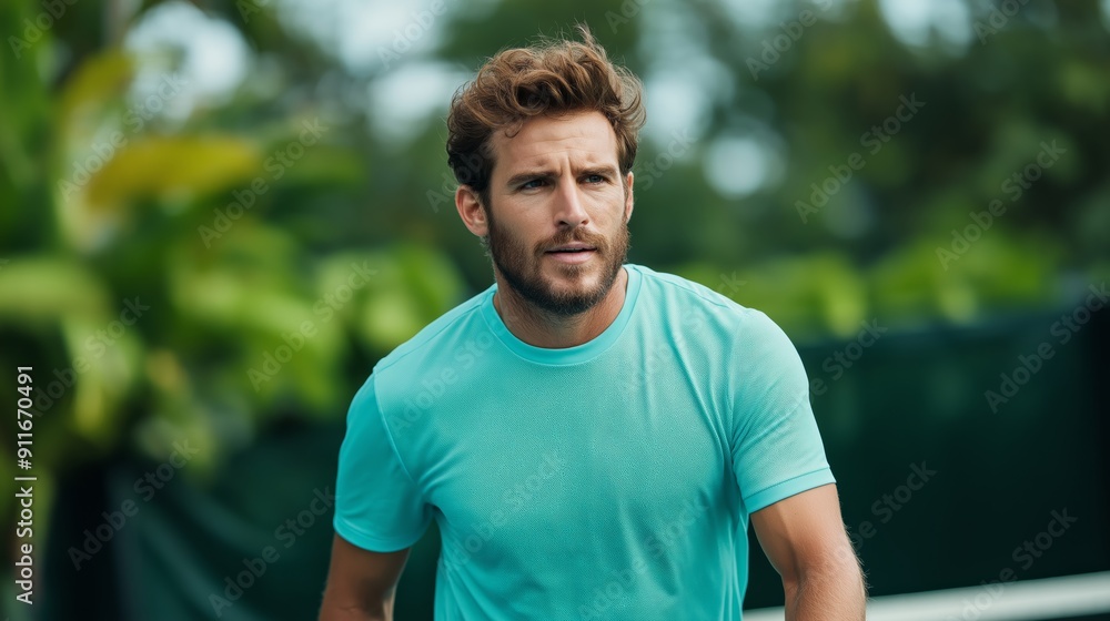 A man with a beard and blue shirt outdoors. He appears to be in motion, with trees blurred in the background. A man with a beard and blue shirt outdoors. He appears to be in motion, with trees blurred in the background.