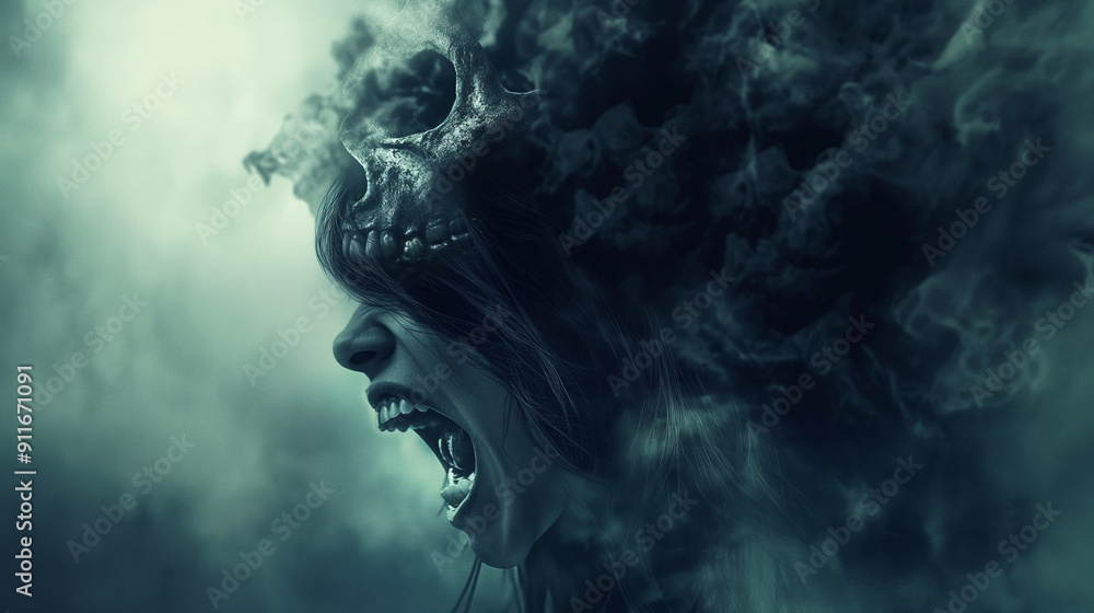Woman screaming with a skull emerging from her head in a dark smoky atmosphere Woman screaming with a skull emerging from her head in a dark smoky atmosphere