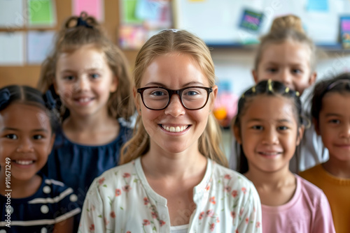 Diverse kids standing in front of their teacher.