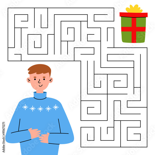 Christmas maze game for kids. Cute boy looking for a way to the gift. Printable worksheet with solution for school and preschool. Vector cartoon illustration.