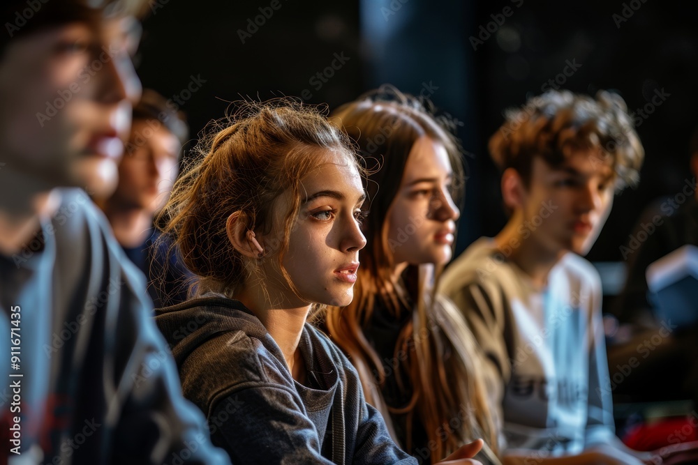 Obraz premium Intense Drama Rehearsal by Focused Classmates on Stage for Theatrical Performance