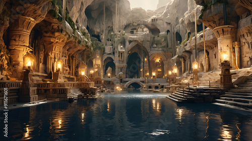 Ancient Cavernous Underground City with Glowing Torches and Serene River photo