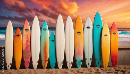 An ensemble of high-quality, customized surfboards in an array of eye-catching hues and styles framed against a stunning, fiery sunset overlooking the serene, turquoise ocean