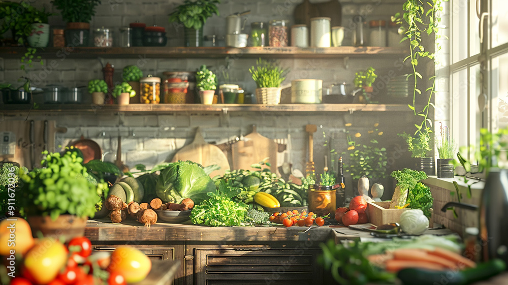 Vibrant kitchen counter filled with fresh vegetables and herbs during daylight Vibrant kitchen counter filled with fresh vegetables and herbs during daylight