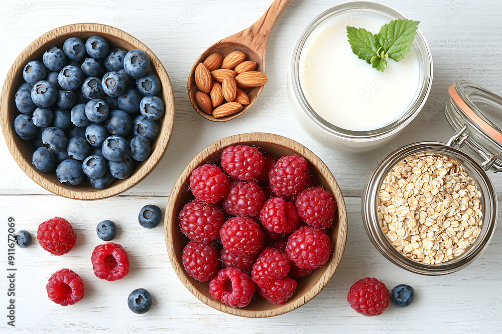 Healthy Vegetarian Breakfast Bowl Of Muesli With Fresh Fruit, Raspberries And Blueberries, Nuts Goji Berries And Yogurt In White Bowls, On A Blue Background Healthy Vegetarian Breakfast Bowl Of Muesli With Fresh Fruit, Raspberries And Blueberries, Nuts Goji Berries And Yogurt In White Bowls, On A Blue Background