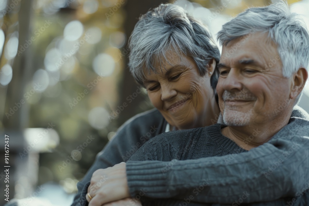 Mature couple outside, hug, love, smiling, support, and trust in marriage. Healthy relationship and care in a garden or park with life partner retired together and romance