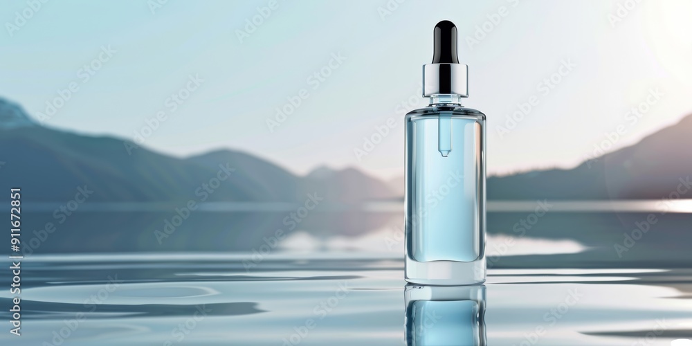 A bottle of clear face serum with a blue glass cap stands on the surface of water