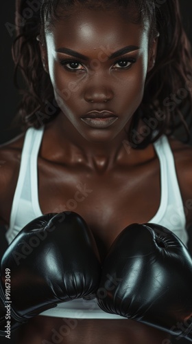 In a black studio, a sportswoman prepares for fitness with boxing, gloves, and mentality. Physical fitness with a female athlete or boxer sweating during a fight workout