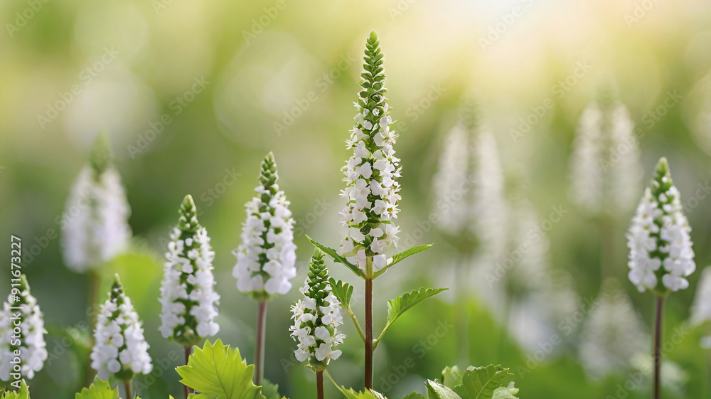 Image of a Single Flowering Plant with Delicate White Flowers and Serrated Green Leaves Against a Soft, Blurred Gradient Background Image of a Single Flowering Plant with Delicate White Flowers and Serrated Green Leaves Against a Soft, Blurred Gradient Background
