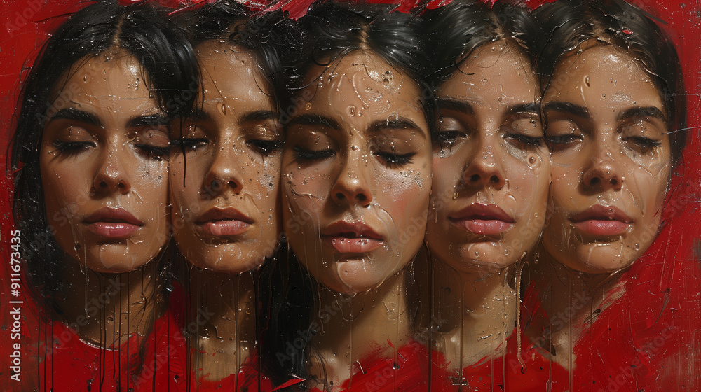 Portrait of an artistic representation of a young woman with closed eyes, displayed in multiple sequences, set against a striking red background with water droplet effects. Portrait of an artistic representation of a young woman with closed eyes, displayed in multiple sequences, set against a striking red background with water droplet effects.