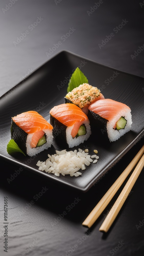 Plate of sushi with nigiri and maki rolls accompanied by wasabi. (140 characters) Plate of sushi with nigiri and maki rolls accompanied by wasabi. (140 characters)