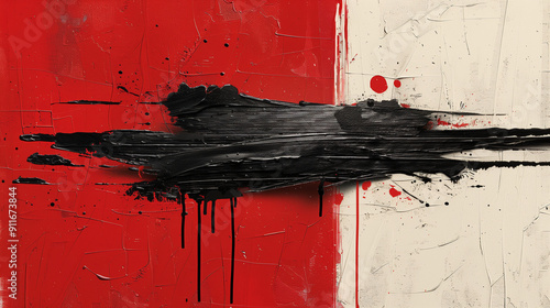 Abstract painting with bold black splashes on a divided red and beige background.