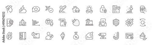 User notification, Horizontal chart and Strawberry line icons. Pack of 5g internet, Ice cream, Open door icon. Loan, Night cream, Judge hammer pictogram. Ecology app, Work home, Dice. Vector