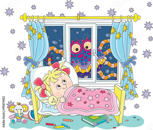 Little girl having a terrible nightmare in her dream with a creepy creature crawling at dark night outside a window of a nursery room, vector cartoon illustration isolated on a white background