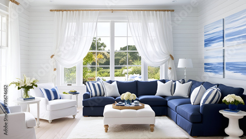 white and blue theme interior modern minimalism photo realism,blue and white room with coastal decor,A living room with a coastal theme, featuring white and blue and large windows  photo