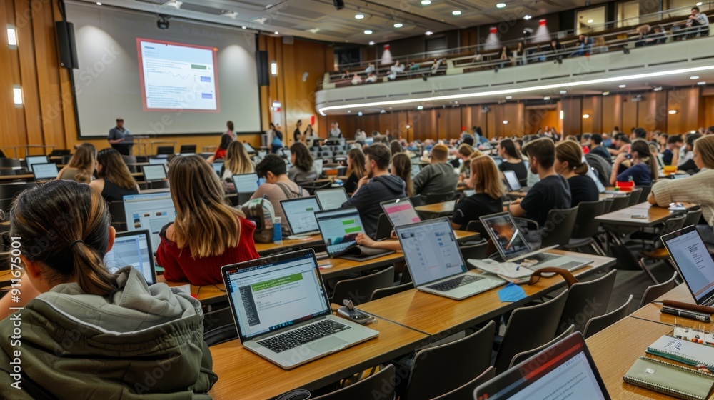 Obraz premium Modern Education: University Lecture Hall with Students Using Laptops and Tablets for Note-Taking