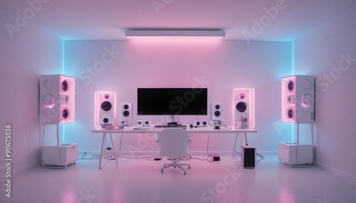 minimalist computer gaming room in white with neon lights in ice blue and pink tones.