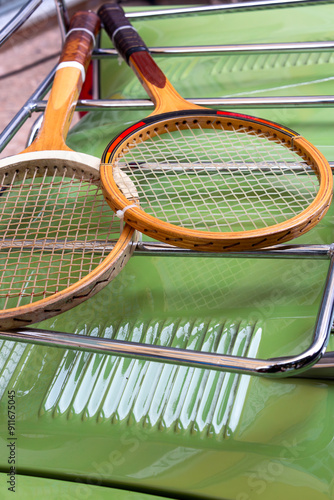 Vintage Tennis Rackets on Classic Car Bonnet Retro Sports Gear Display