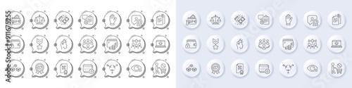 Winner medal, Meeting and Website education line icons. White pin 3d buttons, chat bubbles icons. Pack of Lock, Clipboard, Qr code icon. Document attachment, Payment, Calendar pictogram. Vector