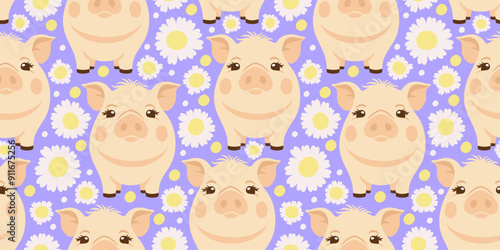 Vector seamless pattern with piglets and camomiles on lilac background