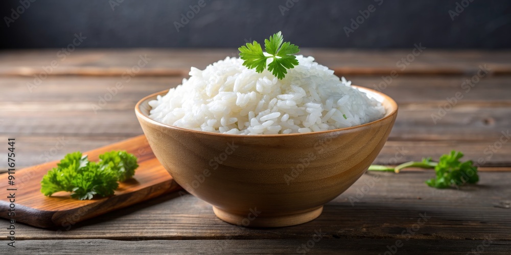 Wooden Bowl of White Rice with Parsley Garnish, rice, food, cooking, bowl Wooden Bowl of White Rice with Parsley Garnish, rice, food, cooking, bowl