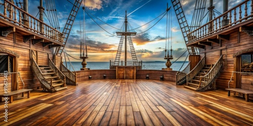 Wooden Deck of a Galleon at Sunset, ship , sunset , ocean , wooden deck
