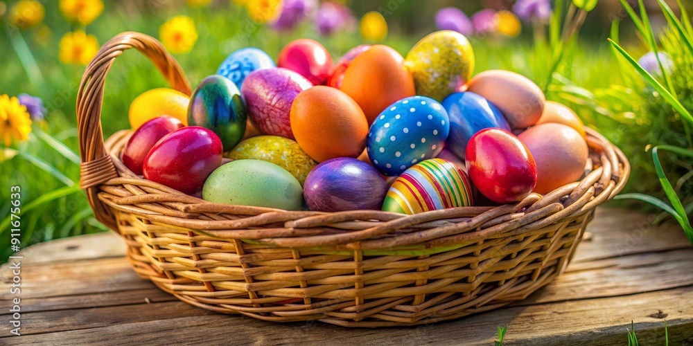 A Basket Full of Colorful Easter Eggs, wicker basket, Easter eggs, colorful eggs, spring , Easter, spring
