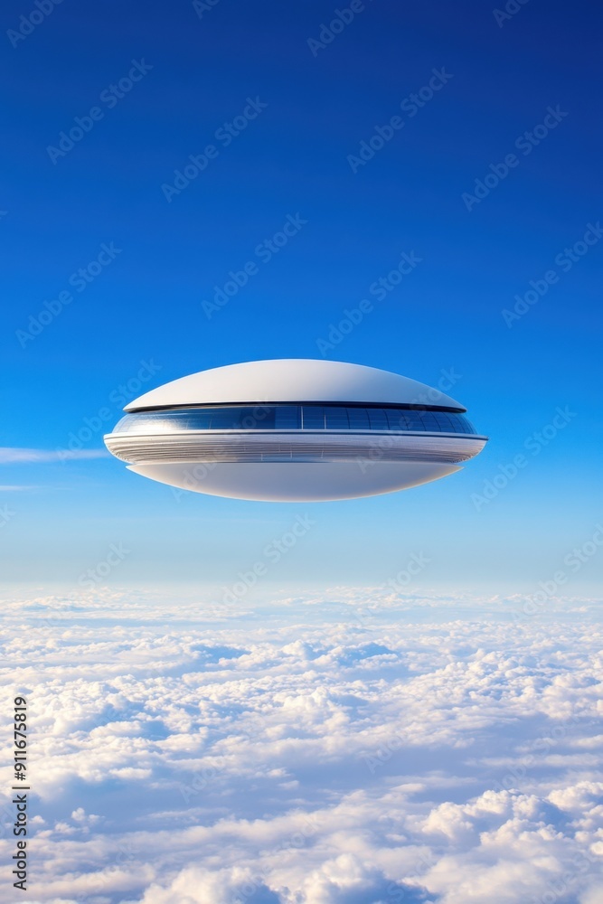 Mysterious flying saucer gliding above soft cotton clouds at dusk Mysterious flying saucer gliding above soft cotton clouds at dusk