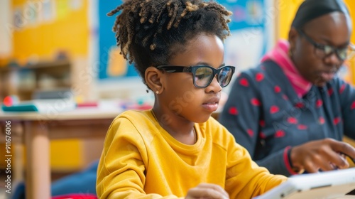 Visually Impaired Student Using Braille Tablet with Teacher Assistance in Inclusive Classroom photo