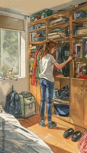 Student Organizing Books in Bright Dorm Room with Parents' Assistance - Perfect for Back-to-School Designs