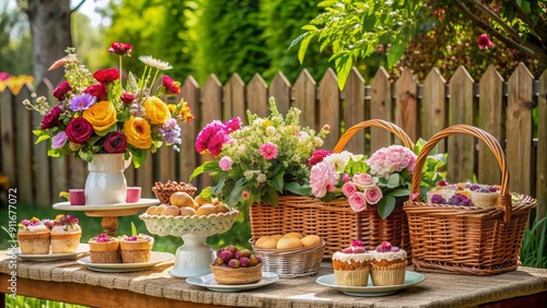 A Summer Picnic With Flowers and Sweets, Flowers, Wicker Baskets, Picnic , Sweet Treats