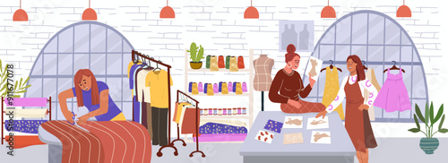 Hand drawn sewing studio, measures for sewing composition, product sewing space, creative space, loft with windows, hand drawn, vector.