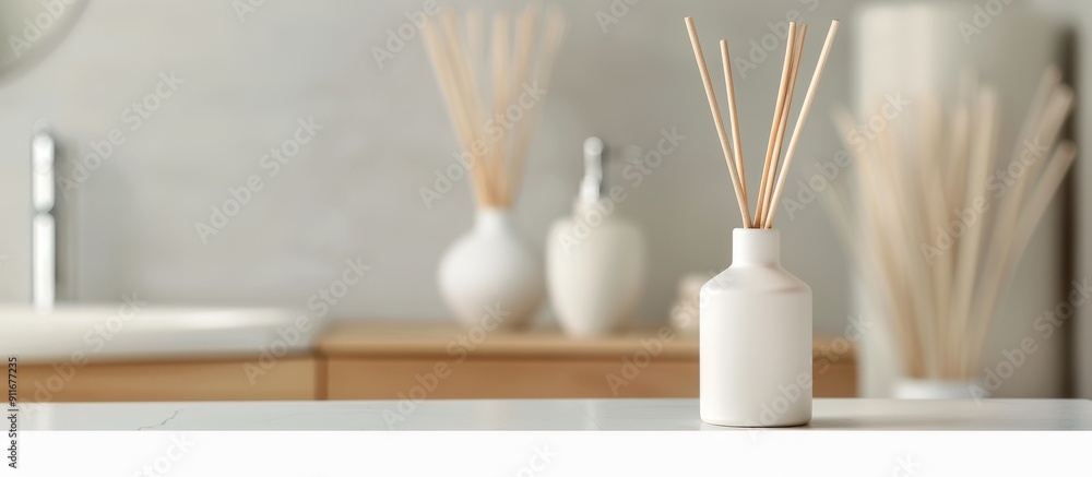 close-up of an empty countertop in the foreground, with a white tube and wooden sticks for diffusing scents close-up of an empty countertop in the foreground, with a white tube and wooden sticks for diffusing scents