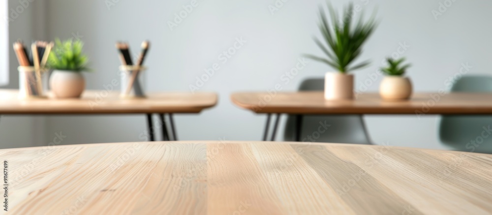 close-up of an empty table in the foreground, with blurred office desks and chairs behind it. close-up of an empty table in the foreground, with blurred office desks and chairs behind it.