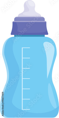 Blue baby bottle with silicone nipple for feeding toddler, isolated on white background