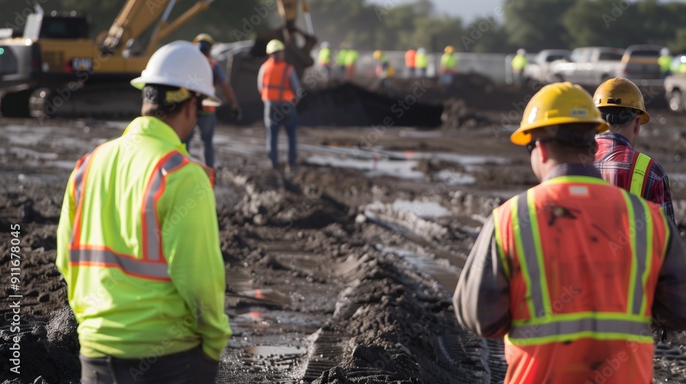 Hardhat Workers Sporting Safety Vests at Site Hardhat Workers Sporting Safety Vests at Site