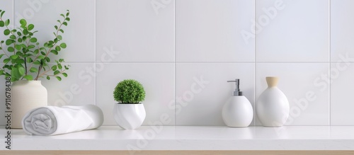 countertop from the front, with white bathroom tiles and a blurred background, leaving empty space