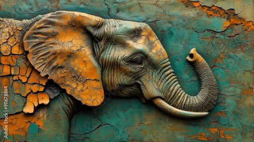 Textured surface in green, tan, and blue with a majestic elephant theme, showcasing intricate topography and warm yellow and orange accents, using a steinheil quinon 55mm f/1.9 lens photo