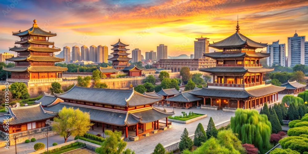 Aerial View of Ancient Chinese Temples at Sunset, Beijing , China , Temple , Pagoda , Architecture Aerial View of Ancient Chinese Temples at Sunset, Beijing , China , Temple , Pagoda , Architecture