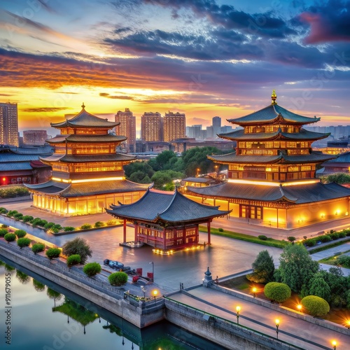 Wallpaper Mural Aerial View of Chinese Pagoda at Sunset, illuminated by golden light, reflecting on the water, China , pagoda, sunset, reflection Torontodigital.ca