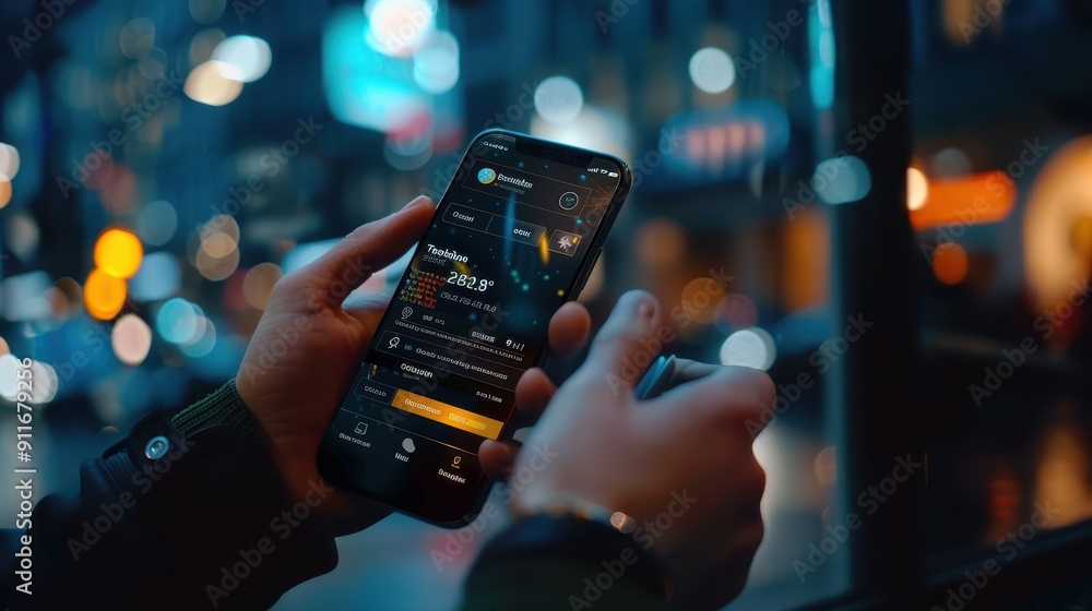 A person interacts with a financial application on their smartphone while enjoying a vibrant city atmosphere at night A person interacts with a financial application on their smartphone while enjoying a vibrant city atmosphere at night