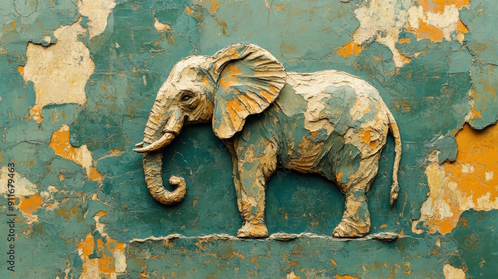 Obraz premium Majestic elephant-inspired background with a green, tan, and blue texture, featuring intricate topographical elements and yellow and orange highlights, rendered in impasto style