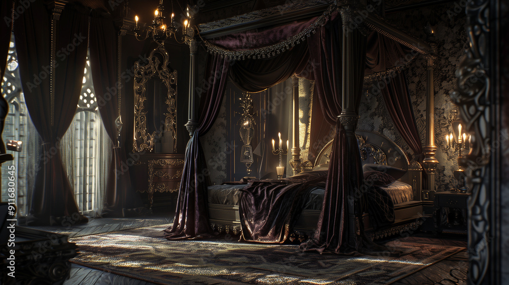 A Gothic-inspired bedroom with a four-poster bed A Gothic-inspired bedroom with a four-poster bed